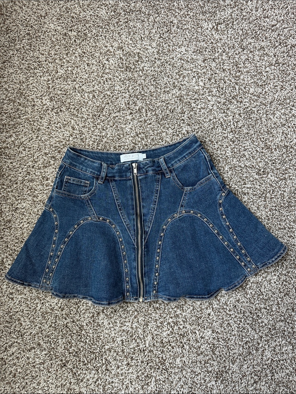 Dark Blue Denim Circle Skirt with Front Zip and Stud Detail